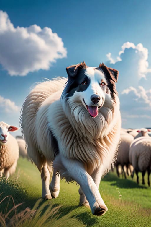  The sheepdog is walking on the prairie. Background blue sky and white cloud stream hyperrealistic, full body, detailed clothing, highly detailed, cinematic lighting, stunningly beautiful, intricate, sharp focus, f/1. 8, 85mm, (centered image composition), (professionally color graded), ((bright soft diffused light)), volumetric fog, trending on instagram, trending on tumblr, HDR 4K, 8K