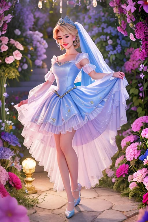  A highly detailed and realistic photo in the style of Disney, featuring a character resembling baby Cinderella. The image shows young Cinderella wearing a sparkling pink dress, surrounded by glowing flower.She is standing.The scene is illuminated with soft, mystical light, creating an enchanting and whimsical atmosphere. Cinderella's expression is filled with wonder and joy as she interacts with the flower. The background is softly blurred to keep the focus on Cinderella and the flower hyperrealistic, full body, detailed clothing, highly detailed, cinematic lighting, stunningly beautiful, intricate, sharp focus, f/1. 8, 85mm, (centered image composition), (professionally color graded), ((bright soft diffused light)), volumetric fog, trending on instagram, trending on tumblr, HDR 4K, 8K