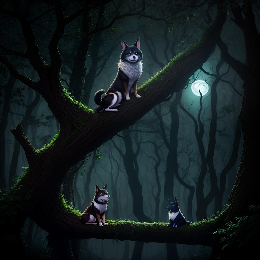  ((Cheshire dog)), Alice In Wonderland theme, (resting) on a tree branch, light fog, moonlight, glowing eyes, realistic.