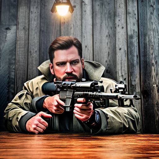 lnkdn photography Guy holding a Gun hyperrealistic, full body, detailed clothing, highly detailed, cinematic lighting, stunningly beautiful, intricate, sharp focus, f/1. 8, 85mm, (centered image composition), (professionally color graded), ((bright soft diffused light)), volumetric fog, trending on instagram, trending on tumblr, HDR 4K, 8K