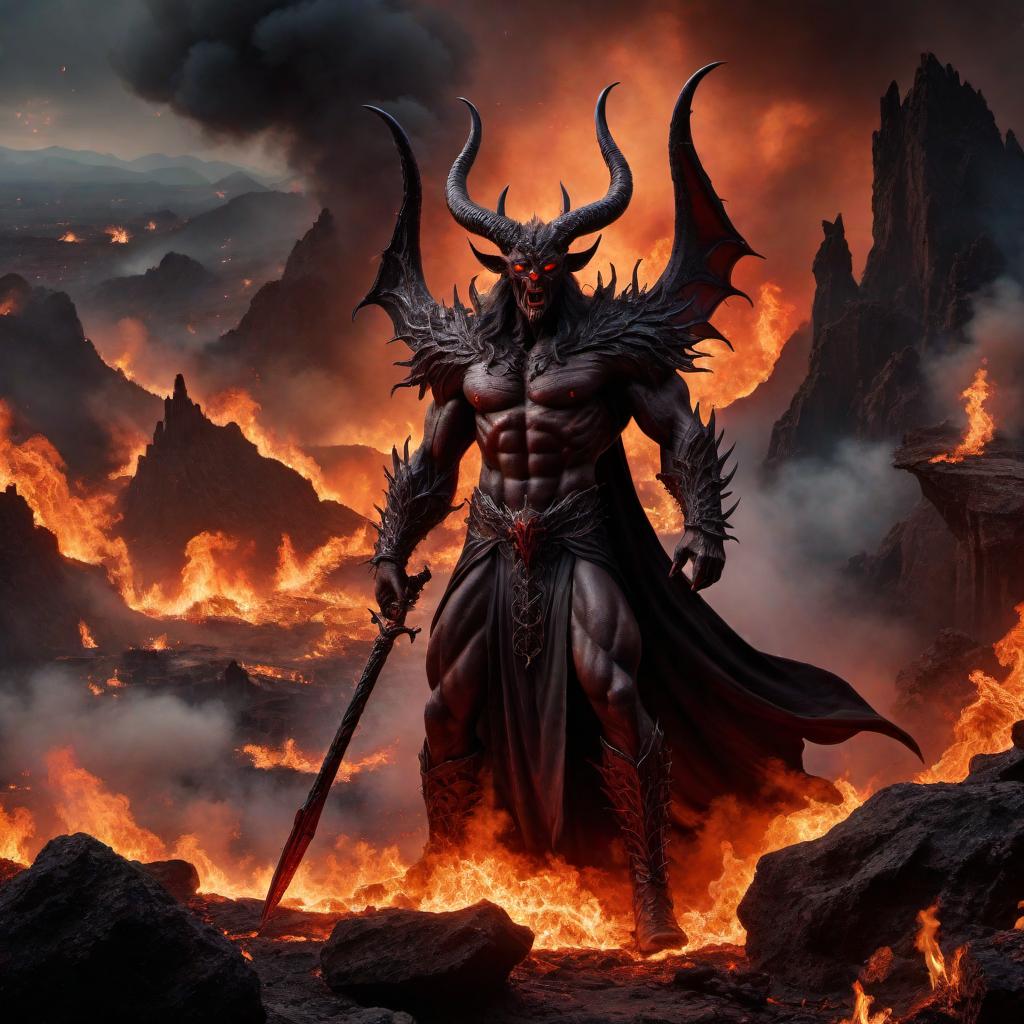  A depiction of Satan, portrayed in a dark and menacing manner. Satan appears as a fearsome entity with a sinister aura, surrounded by an environment of chaos and darkness. The setting is a hellish landscape with fiery elements, suffocating smoke, and an overall atmosphere of dread and evil. hyperrealistic, full body, detailed clothing, highly detailed, cinematic lighting, stunningly beautiful, intricate, sharp focus, f/1. 8, 85mm, (centered image composition), (professionally color graded), ((bright soft diffused light)), volumetric fog, trending on instagram, trending on tumblr, HDR 4K, 8K