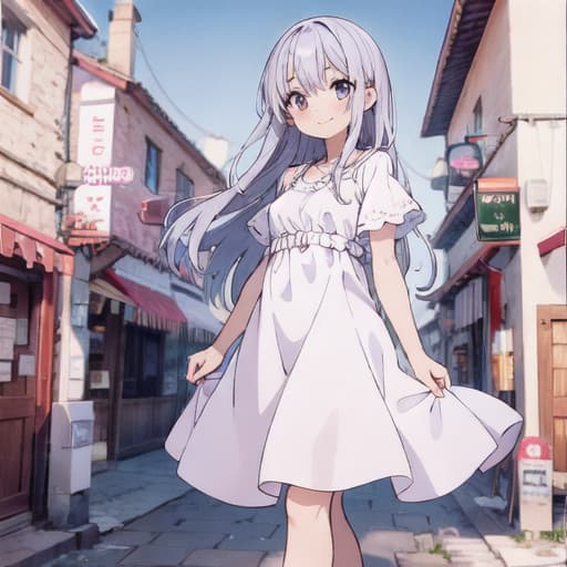  master piece , best quality,Light purple semi long hair, white dress, red balled walking stick, medieval town, gentle smile