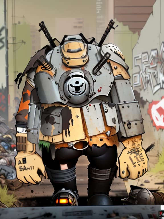  (masterpiece, cartoon, humorous: 1.7). (dirty, armored knight bum, trash warrior: 0.8) ((((urban, gritty), post apocalyptic), exaggerated)), comedic, RPG character, full body, dirty, detailed, tattered clothes, rusty armor, improvised weapons, graffiti background, trash, cinematic lighting, vibrant colors, high contrast, atmospheric, 4k, HDR, (detailed face, alcoholic face, scruffy beard, missing teeth, scars, unkempt hair, bloodshot eyes), (vivid purple armor, neon green accents, bright orange rags, blue metallic elements, unique colors), (intricate details:0.9), (hdr, hyperdetailed:1.2) hyperrealistic, full body, detailed clothing, highly detailed, cinematic lighting, stunningly beautiful, intricate, sharp focus, f/1. 8, 85mm, (centered image composition), (professionally color graded), ((bright soft diffused light)), volumetric fog, trending on instagram, trending on tumblr, HDR 4K, 8K