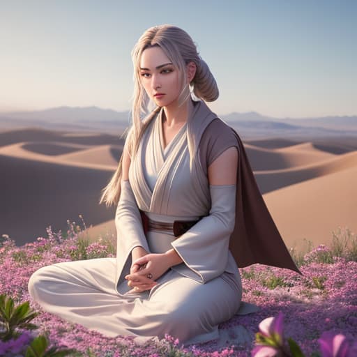  (Jedi meditation:1.3), serene photo,1 , huge , age, Jedi master in deep meditation, in jedioutfit, sitting cross legged, (desert oasis:1.1), surrounded by blooming desert flowers, harmonizing with the Force, spiritual retreat, transcendent tranquility, desert enlightenment, Absurdres, hdr, ultra detailed ilration, extremely detailed face, RAW photo, film grain, skin pores, trending on deviantart <lora:jedioutfit:1> <lora:epiNoiseoffset v2:1> hyperrealistic, full body, detailed clothing, highly detailed, cinematic lighting, stunningly beautiful, intricate, sharp focus, f/1. 8, 85mm, (centered image composition), (professionally color graded), ((bright soft diffused light)), volumetric fog, trending on instagram, trending on tumblr, HDR 4K, 8K