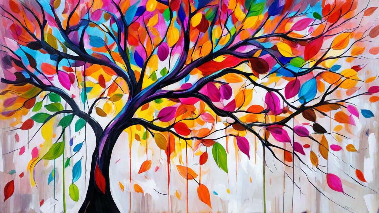  best quality, HD, abstract painting of a colorful tree and leaves