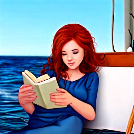  young woman with auburn hair, reading books on a boat on the ocean