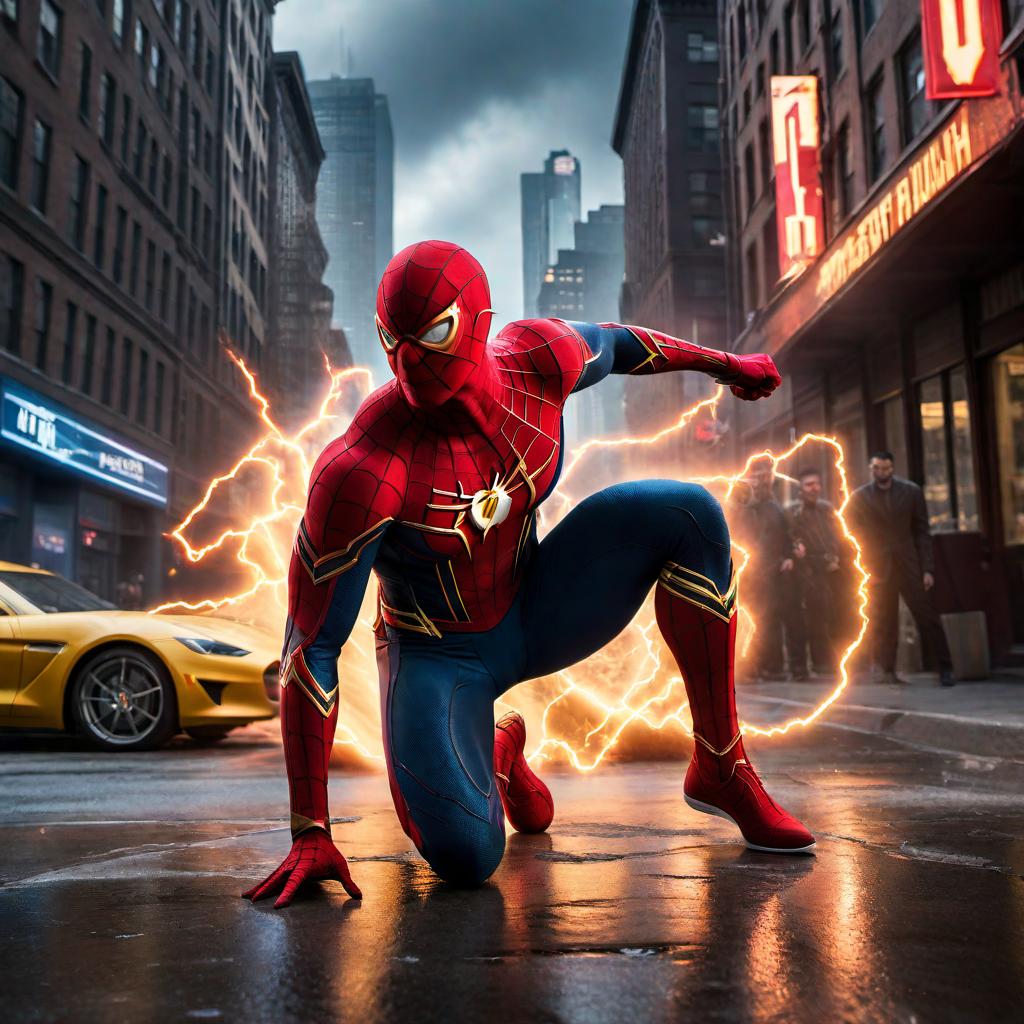  A fusion of Spiderman and The Flash, combining their iconic elements such as Spiderman's mask and webbing with The Flash's lightning bolt symbol and sleek suit, set in an action-packed urban scene with a dynamic pose. hyperrealistic, full body, detailed clothing, highly detailed, cinematic lighting, stunningly beautiful, intricate, sharp focus, f/1. 8, 85mm, (centered image composition), (professionally color graded), ((bright soft diffused light)), volumetric fog, trending on instagram, trending on tumblr, HDR 4K, 8K