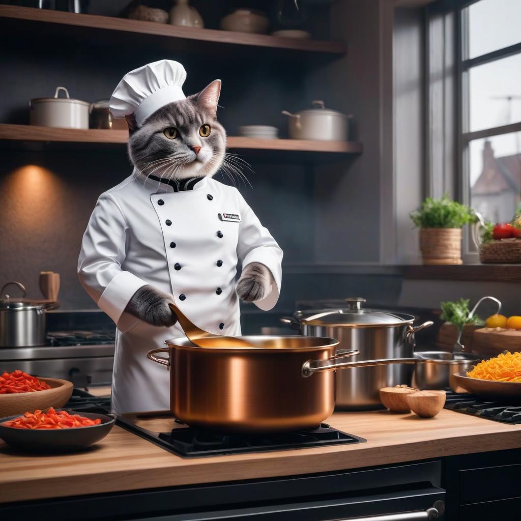  stacked papercut art of A cartoon cat pretending to be a chef. Dressed in a chef's uniform. Holding a ladle in his front paws. There is a pot of soup on the stove next to the cat. . 3D, layered, dimensional, depth, precision cut, stacked layers, papercut, high contrast hyperrealistic, full body, detailed clothing, highly detailed, cinematic lighting, stunningly beautiful, intricate, sharp focus, f/1. 8, 85mm, (centered image composition), (professionally color graded), ((bright soft diffused light)), volumetric fog, trending on instagram, trending on tumblr, HDR 4K, 8K