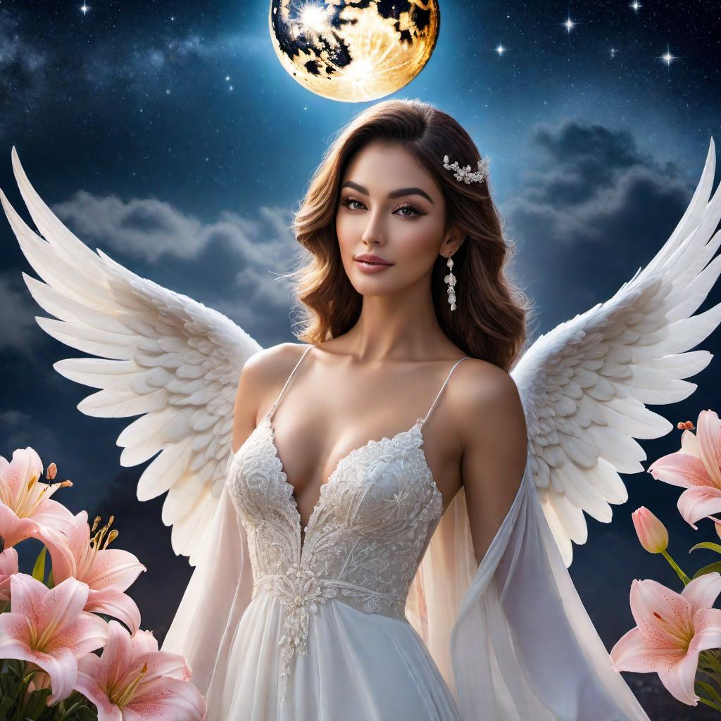  A peaceful night sky with a glowing moon surrounded by stars. Two bright stars representing Lily and Ariana. The phrase 'I love you to the moon and back' gracefully included. Subtle flower elements, especially lilies, to symbolize Lily. Angel wings to add a sense of protection and peace. hyperrealistic, full body, detailed clothing, highly detailed, cinematic lighting, stunningly beautiful, intricate, sharp focus, f/1. 8, 85mm, (centered image composition), (professionally color graded), ((bright soft diffused light)), volumetric fog, trending on instagram, trending on tumblr, HDR 4K, 8K