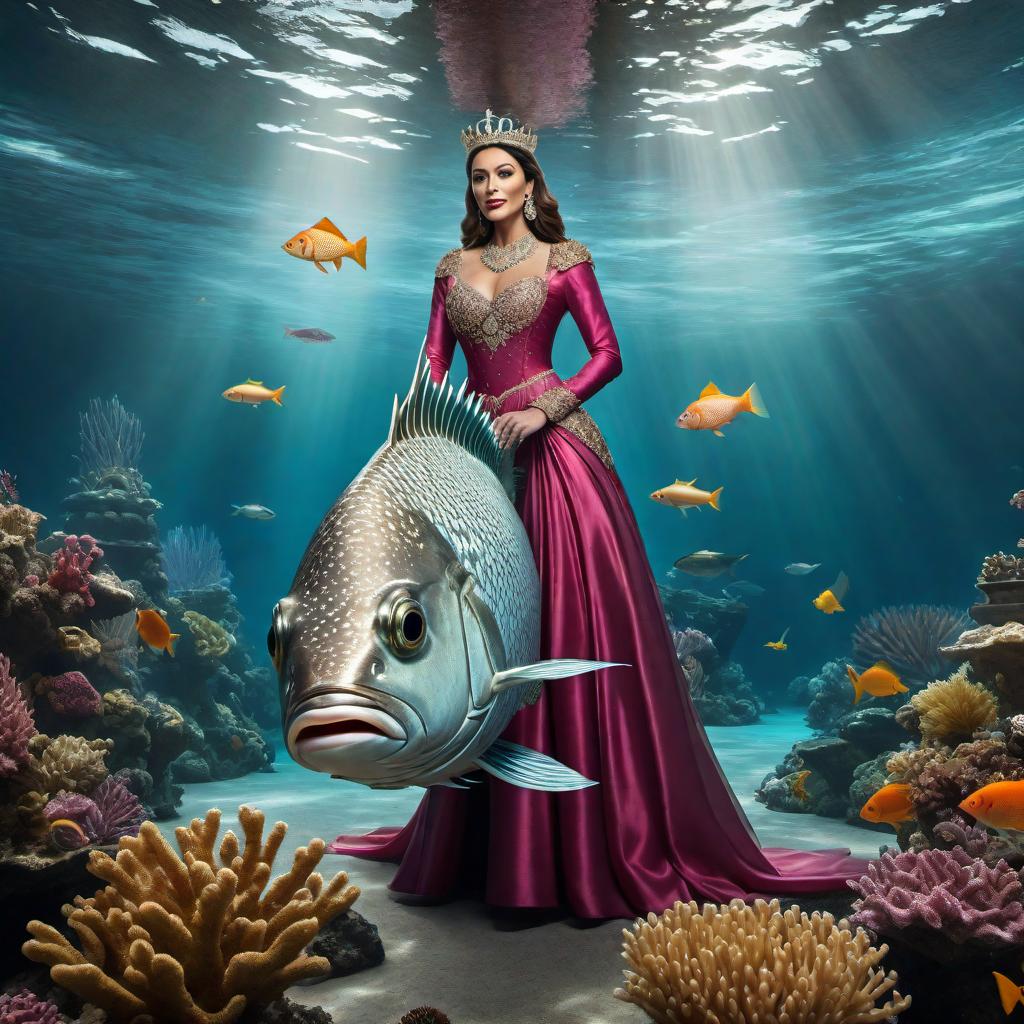  A whimsical illustration of the famous fish wearing a colorful dress, now being admired by an underwater king. Show the king, in regal attire with a crown, looking in awe and admiration at the fish on an underwater stage. The fish should be posing proudly under a spotlight, surrounded by adoring sea creatures like starfish, seahorses, and other fish. Include coral, bubbles, and royal decorations in the background to enhance the aquatic setting. The scene should convey the king's admiration and the fish's fame and confidence. hyperrealistic, full body, detailed clothing, highly detailed, cinematic lighting, stunningly beautiful, intricate, sharp focus, f/1. 8, 85mm, (centered image composition), (professionally color graded), ((bright soft diffused light)), volumetric fog, trending on instagram, trending on tumblr, HDR 4K, 8K