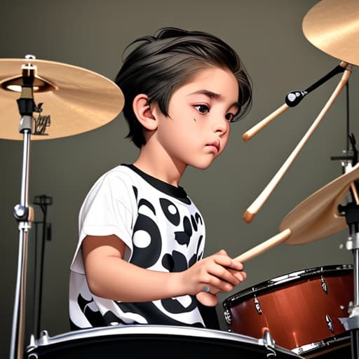  A young boy sits behind a drum set, his small hands confidently tapping the drumsticks against the drumheads. His face is focused, eyebrows slightly furrowed in concentration as he keeps the rhythm, lost in the music he’s creating.