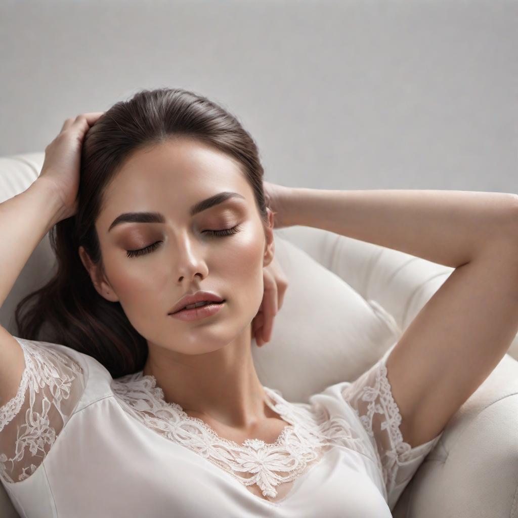  A person resting with their eyes closed, seemingly asleep, reclined against a leather surface, possibly a couch or chair, with a pillow supporting their head. They are wearing a white, lace-detail top and have a relaxed expression. The image is a close-up, personal photograph, suggesting a casual, private setting. The focus is on capturing a spontaneous, unguarded moment conveying relaxation or fatigue. hyperrealistic, full body, detailed clothing, highly detailed, cinematic lighting, stunningly beautiful, intricate, sharp focus, f/1. 8, 85mm, (centered image composition), (professionally color graded), ((bright soft diffused light)), volumetric fog, trending on instagram, trending on tumblr, HDR 4K, 8K