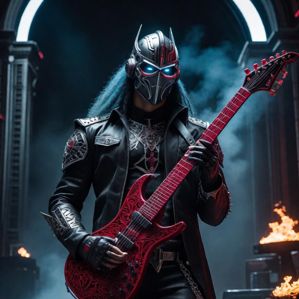  A modern, intense design that represents a heavy metal band with a role-playing theme. The scene features an electric guitar with fierce, neon flames, dramatic and dark stage lighting, and a gothic, futuristic castle in the background. Characters in modernized, edgy medieval attire (cyber knights, dark tech wizards) are playing instruments with an energetic and powerful stance, surrounding a glowing, high-tech microphone. The color scheme includes bold blacks, dark reds, metallics, and neon accents to evoke the raw energy and intensity of heavy metal mixed with the mystique and innovation of role-playing. hyperrealistic, full body, detailed clothing, highly detailed, cinematic lighting, stunningly beautiful, intricate, sharp focus, f/1. 8, 85mm, (centered image composition), (professionally color graded), ((bright soft diffused light)), volumetric fog, trending on instagram, trending on tumblr, HDR 4K, 8K