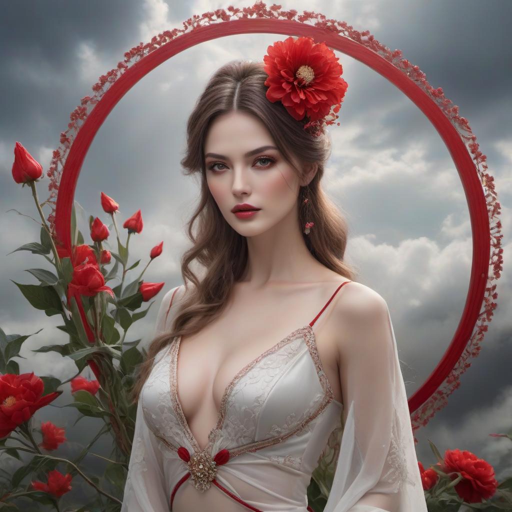  hyperrealistic art An illustration of a woman with striking red eyes, adorned with traditional hairpins and a flower, set against a cloudy backdrop and a red circle. . extremely high resolution details, photographic, realism pushed to extreme, fine texture, incredibly lifelike hyperrealistic, full body, detailed clothing, highly detailed, cinematic lighting, stunningly beautiful, intricate, sharp focus, f/1. 8, 85mm, (centered image composition), (professionally color graded), ((bright soft diffused light)), volumetric fog, trending on instagram, trending on tumblr, HDR 4K, 8K