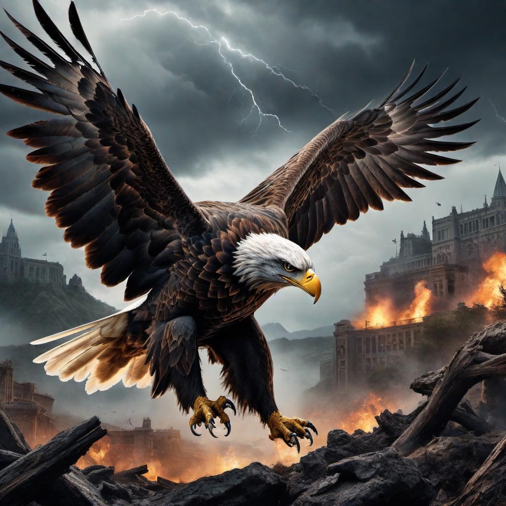  A surreal scene with a monstrous eagle flying towards a group of terrified people trying to escape. The setting features an open landscape with scattered trees or rocky terrain under a stormy sky. The monstrous eagle is enormous with sharp talons and fierce, glowing eyes, swooping down menacingly. The people below are running frantically, looking up in horror. The atmosphere is tense and chaotic, capturing the urgency and fear of the situation. hyperrealistic, full body, detailed clothing, highly detailed, cinematic lighting, stunningly beautiful, intricate, sharp focus, f/1. 8, 85mm, (centered image composition), (professionally color graded), ((bright soft diffused light)), volumetric fog, trending on instagram, trending on tumblr, HDR 4K, 8K