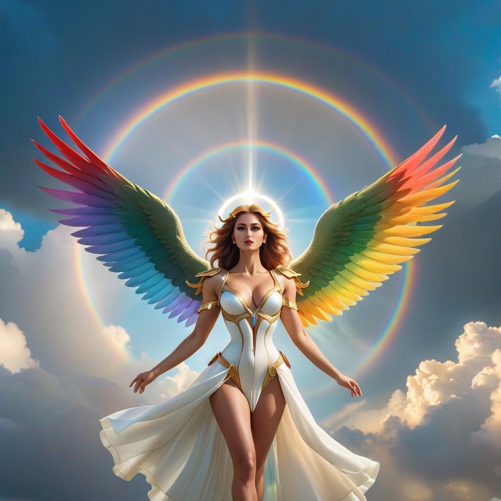  angel with a shiny halo and large rainbow wings flying in the sky, with kuchom, LOGO hyperrealistic, full body, detailed clothing, highly detailed, cinematic lighting, stunningly beautiful, intricate, sharp focus, f/1. 8, 85mm, (centered image composition), (professionally color graded), ((bright soft diffused light)), volumetric fog, trending on instagram, trending on tumblr, HDR 4K, 8K