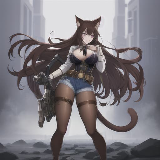  Cat girl, purple eyes, brown hair, fluffy tail, in a jean outfit, narcotics, with weapons hyperrealistic, full body, detailed clothing, highly detailed, cinematic lighting, stunningly beautiful, intricate, sharp focus, f/1. 8, 85mm, (centered image composition), (professionally color graded), ((bright soft diffused light)), volumetric fog, trending on instagram, trending on tumblr, HDR 4K, 8K