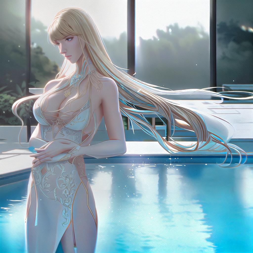  , swimming pool  hyperrealistic, full body, detailed clothing, highly detailed, cinematic lighting, stunningly beautiful, intricate, sharp focus, f/1. 8, 85mm, (centered image composition), (professionally color graded), ((bright soft diffused light)), volumetric fog, trending on instagram, trending on tumblr, HDR 4K, 8K