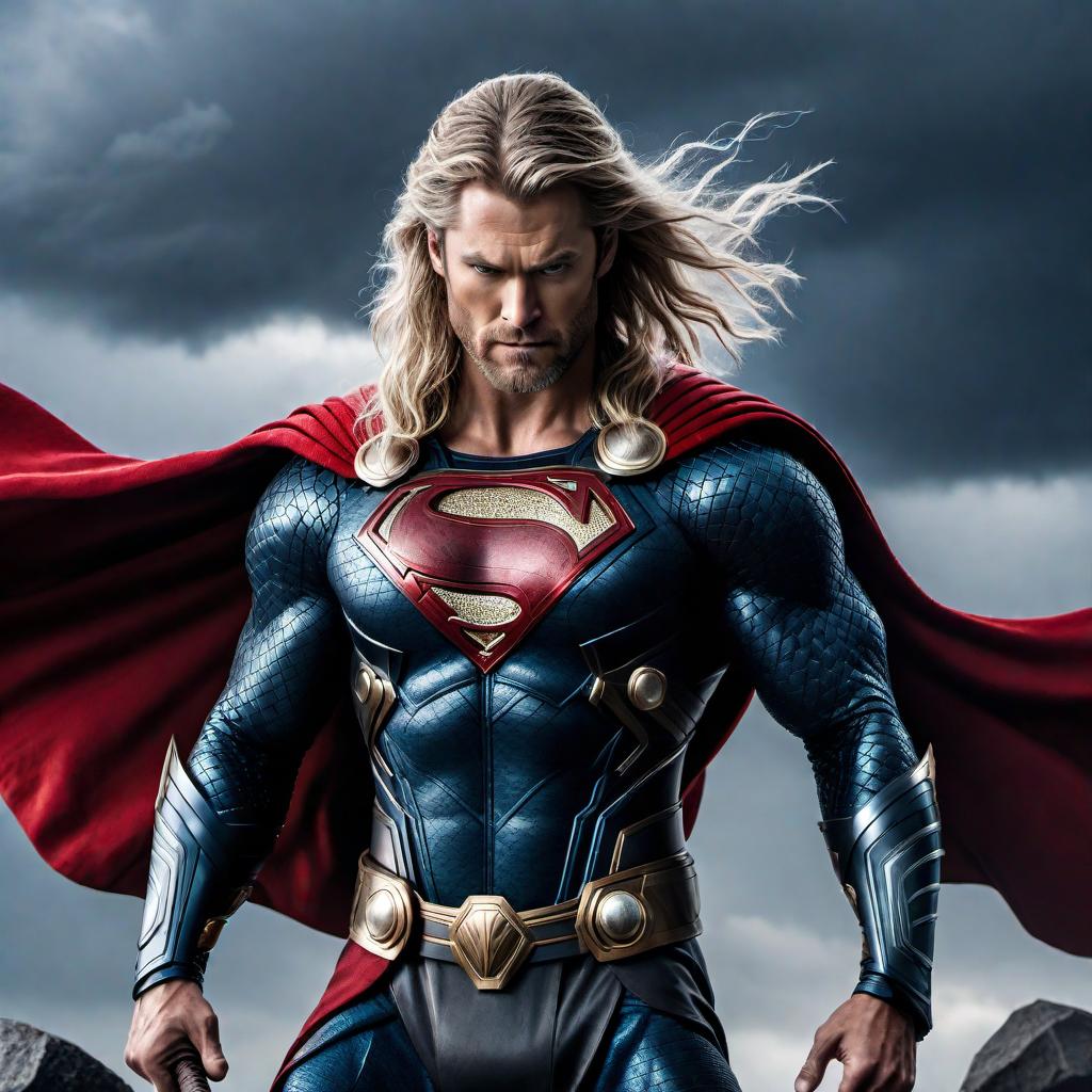  A fusion of Superman and Thor, combining their iconic elements such as Superman's suit and emblem with Thor's armor and Mjölnir, set in a dramatic and powerful pose, with a stormy sky in the background. hyperrealistic, full body, detailed clothing, highly detailed, cinematic lighting, stunningly beautiful, intricate, sharp focus, f/1. 8, 85mm, (centered image composition), (professionally color graded), ((bright soft diffused light)), volumetric fog, trending on instagram, trending on tumblr, HDR 4K, 8K