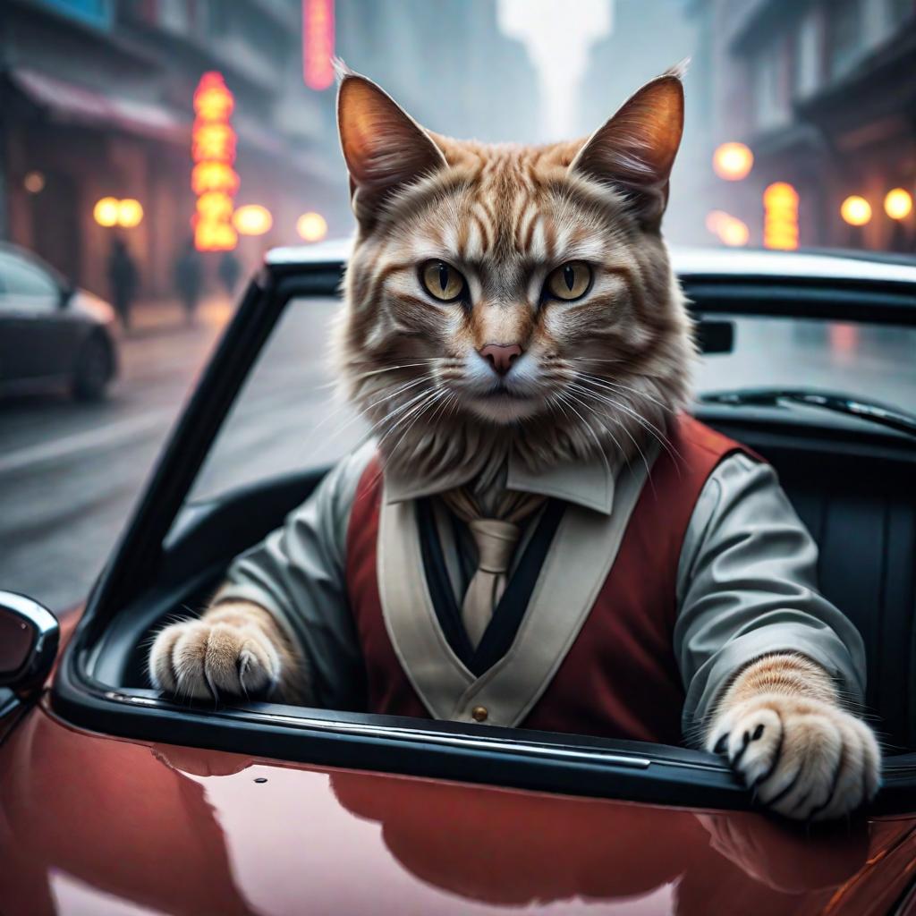  A cat is driving a car in Wuhan. hyperrealistic, full body, detailed clothing, highly detailed, cinematic lighting, stunningly beautiful, intricate, sharp focus, f/1. 8, 85mm, (centered image composition), (professionally color graded), ((bright soft diffused light)), volumetric fog, trending on instagram, trending on tumblr, HDR 4K, 8K