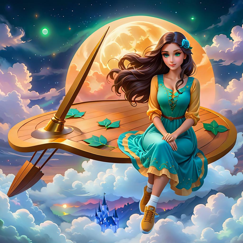  ethereal fantasy concept art of (Background):night sky, stars, clouds, spires of buildings, roofs of houses. A palette of colours with a brush is floating in the clouds. On the palette sits a girl. (Girl description of appearance): long dark hair, green eyes. She is wearing a gold shirt and a blue sundress with roses. On her feet trainers. (Style):fantasy, sticker, cartoon, character, digital art . magnificent, celestial, ethereal, painterly, epic, majestic, magical, fantasy art, cover art, dreamy, STICKER, hkmagic, LOGO hyperrealistic, full body, detailed clothing, highly detailed, cinematic lighting, stunningly beautiful, intricate, sharp focus, f/1. 8, 85mm, (centered image composition), (professionally color graded), ((bright soft diffused light)), volumetric fog, trending on instagram, trending on tumblr, HDR 4K, 8K