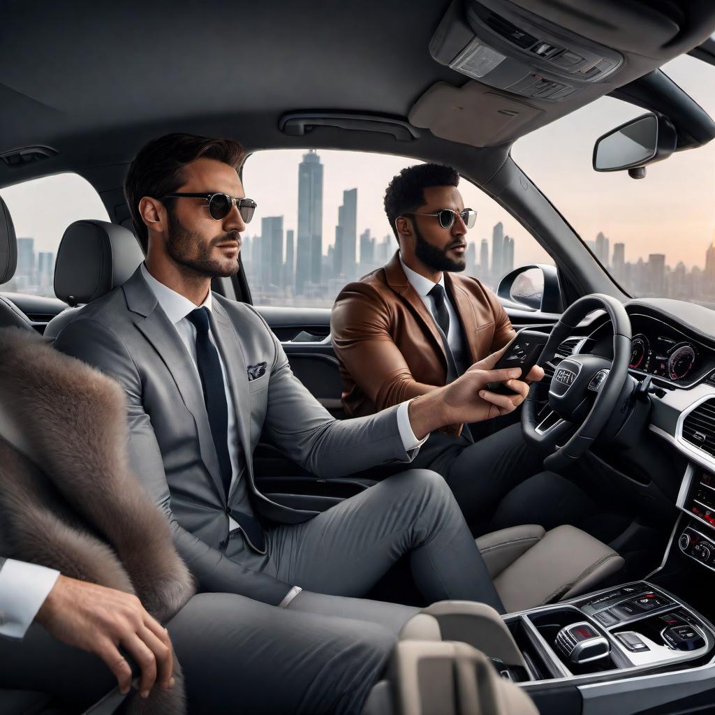  A realistic scene inside an Audi Q7 car with three friends. One friend is the driver and seems to be stuck on the phone. The second friend is sitting in the back seat, also checking his phone. The third friend is sitting down, looking directly at the camera. They are driving towards a city center. hyperrealistic, full body, detailed clothing, highly detailed, cinematic lighting, stunningly beautiful, intricate, sharp focus, f/1. 8, 85mm, (centered image composition), (professionally color graded), ((bright soft diffused light)), volumetric fog, trending on instagram, trending on tumblr, HDR 4K, 8K