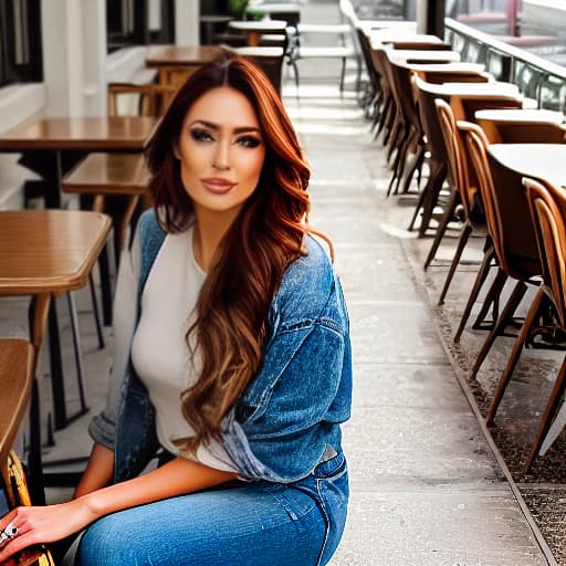  girl sitting in cafe her hair is brown and golden hour in her hair hyperrealistic, full body, detailed clothing, highly detailed, cinematic lighting, stunningly beautiful, intricate, sharp focus, f/1. 8, 85mm, (centered image composition), (professionally color graded), ((bright soft diffused light)), volumetric fog, trending on instagram, trending on tumblr, HDR 4K, 8K