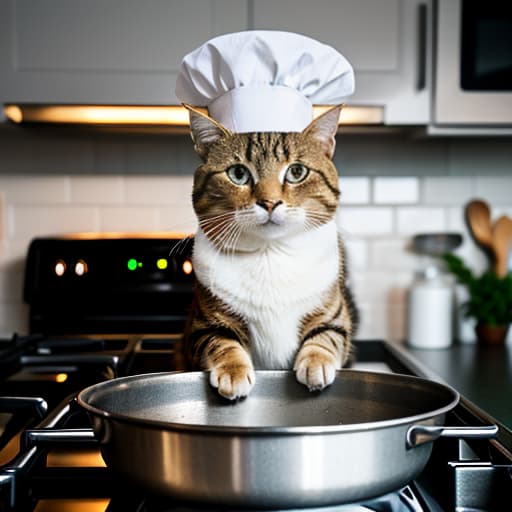  Cartoon cat pretending to be a chef. Dressed in a chef's uniform. The cat has a chef's hat on its head. The cat holds a large spoon in its front paws. There is a pot of soup on the stove next to the cat. On a uniform yellow background., Photorealistic, Hyperrealistic, Hyperdetailed, analog style, demure, detailed skin, pores, smirk, smiling eyes, matte skin, soft lighting, subsurface scattering, realistic, heavy shadow, masterpiece, best quality, ultra realistic, 8k, golden ratio, Intricate, High Detail, film photography, soft focus hyperrealistic, full body, detailed clothing, highly detailed, cinematic lighting, stunningly beautiful, intricate, sharp focus, f/1. 8, 85mm, (centered image composition), (professionally color graded), ((bright soft diffused light)), volumetric fog, trending on instagram, trending on tumblr, HDR 4K, 8K