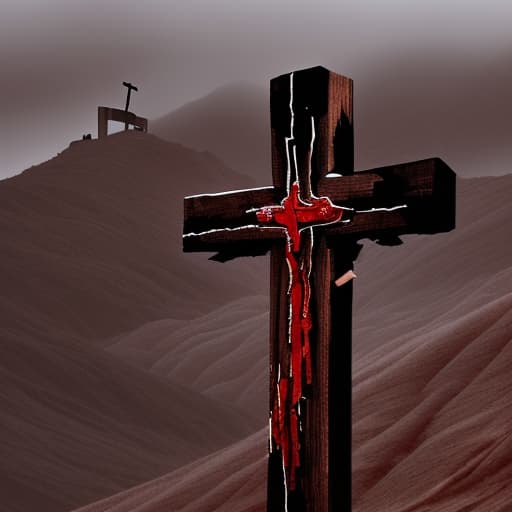  Big wooden cross over a mountain with drops of blood dripping on the cross. Make it a silhouette