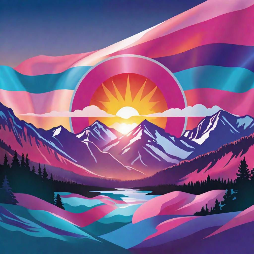  The Colorado flag logo in center, colors pinks&purples&blues&teals, rocky mountains and sunset in the background