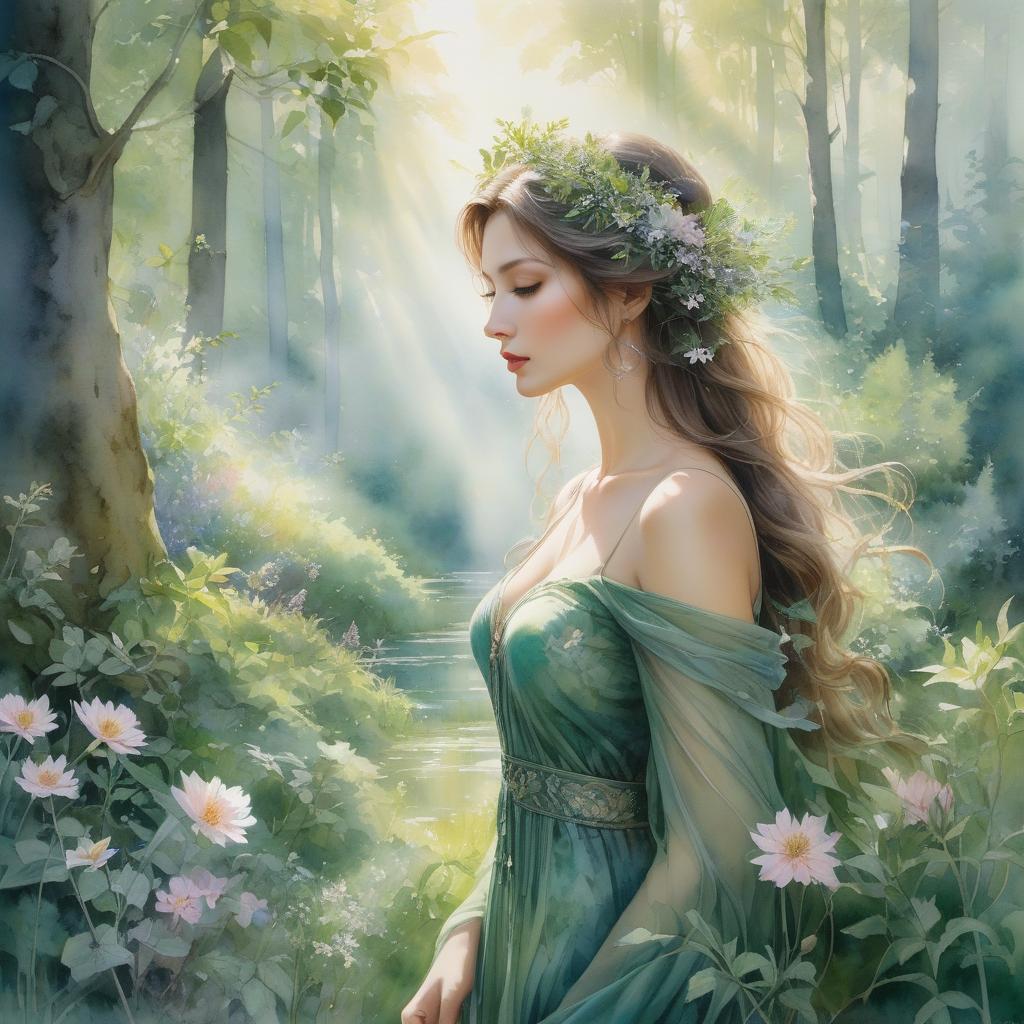  n the style of Nathalie Picoulet, an awe inspiring watercolor painting transports viewers to a magical forest. At the center of this enchanting scene stands a breathtakingly beautiful woman, her ethereal presence suffused with the essence of nature. Delicate brushstrokes depict her flowing hair intertwined with vibrant wildflowers, each petal meticulously detailed. Her emerald eyes emanate a captivating radiance, perfectly mirroring the lush greenery surrounding her. This meticulously crafted image evokes a sense of wonder, inviting spectators to explore the mystical world captured within this stunning watercolor masterpiece. hyperrealistic, full body, detailed clothing, highly detailed, cinematic lighting, stunningly beautiful, intricate, sharp focus, f/1. 8, 85mm, (centered image composition), (professionally color graded), ((bright soft diffused light)), volumetric fog, trending on instagram, trending on tumblr, HDR 4K, 8K