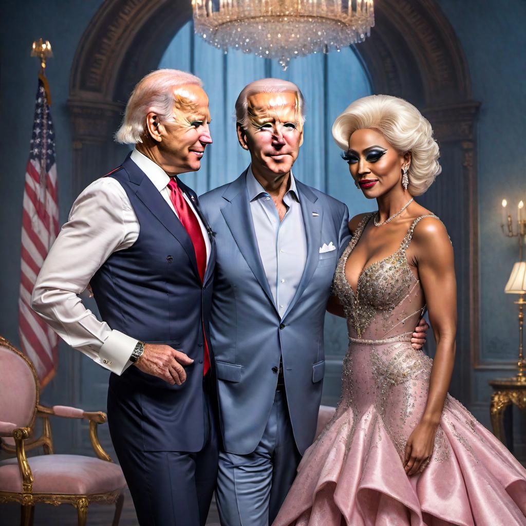  A detailed painting of Joe Biden sniffing Justin Trudeau's hair while Trudeau is dressed as a drag queen. Trudeau is wearing an elegant, sparkling gown, heavy makeup, and a stylish wig. Biden is standing behind Trudeau with a gentle expression on his face as he leans in to sniff Trudeau's hair. The background shows an opulent ballroom setting with soft lighting. The painting style is realistic and captures the intricate details of their outfits and expressions. hyperrealistic, full body, detailed clothing, highly detailed, cinematic lighting, stunningly beautiful, intricate, sharp focus, f/1. 8, 85mm, (centered image composition), (professionally color graded), ((bright soft diffused light)), volumetric fog, trending on instagram, trending on tumblr, HDR 4K, 8K