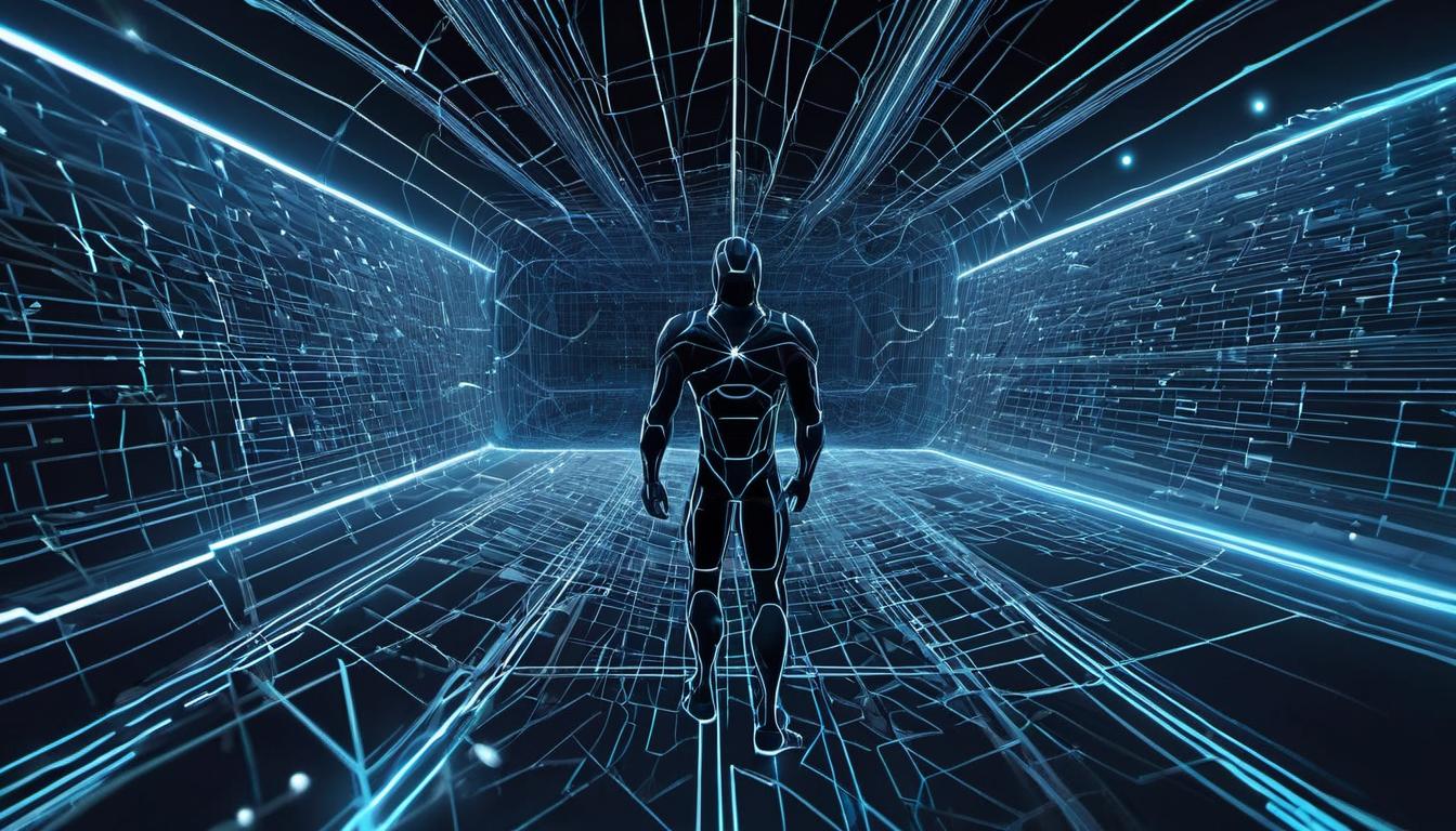  digital illustration web of glowing lines, interconnected human figures, illuminated by light, sense of unity, connection, interdependence looking at viewer, dynamic pose, (intricate details, masterpiece, best quality)