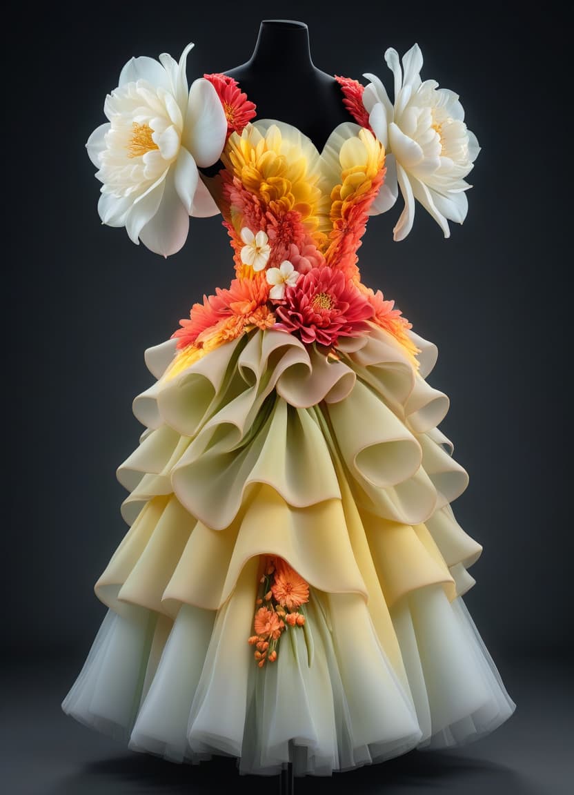  A dress made entirely of flowers, with a 3/4 view, realistic, photo, 3D, voluminous, and detailed. Pleasant, elegant., hkmagic hyperrealistic, full body, detailed clothing, highly detailed, cinematic lighting, stunningly beautiful, intricate, sharp focus, f/1. 8, 85mm, (centered image composition), (professionally color graded), ((bright soft diffused light)), volumetric fog, trending on instagram, trending on tumblr, HDR 4K, 8K