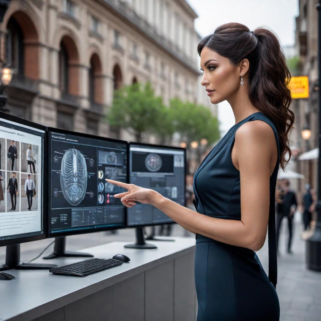  An AI assistant describing various capabilities of image analysis with a sample image on a screen. The screen displays an image, and around it are callouts pointing to different features such as Object Identification, People and Activities, Scene Interpretation, Cultural and Historical Significance, Text Analysis, and Answer Questions. The assistant is pointing at the screen in a friendly and engaging manner. hyperrealistic, full body, detailed clothing, highly detailed, cinematic lighting, stunningly beautiful, intricate, sharp focus, f/1. 8, 85mm, (centered image composition), (professionally color graded), ((bright soft diffused light)), volumetric fog, trending on instagram, trending on tumblr, HDR 4K, 8K