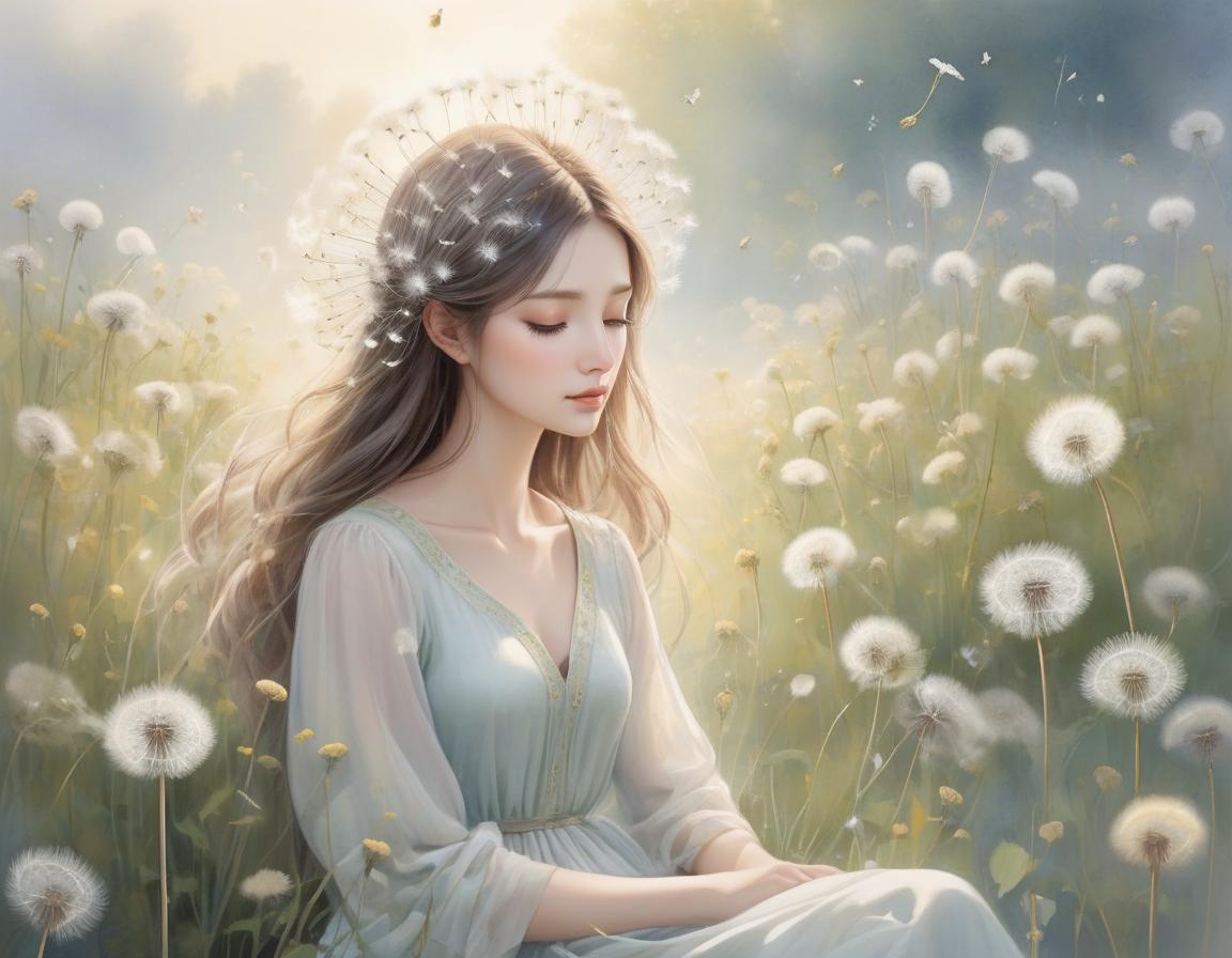  A tranquil image of a young with dandelions in her hair, surrounded by a soft, dreamy landscape. Delicate watercolor painting, ethereal atmosphere, whimsical dandelion hair, floating wishes, eyes reflecting the sky, innocence and wonder, soft pastel colors, gentle strokes, dreamy and airy feel, light and shadow play, intricate details, fine art quality, by Emily Winfield Martin, Etsy, 3000x4000 resolution. hyperrealistic, full body, detailed clothing, highly detailed, cinematic lighting, stunningly beautiful, intricate, sharp focus, f/1. 8, 85mm, (centered image composition), (professionally color graded), ((bright soft diffused light)), volumetric fog, trending on instagram, trending on tumblr, HDR 4K, 8K