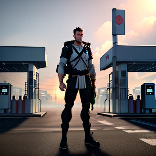  A man with an exhausted appearance, wearing a tunic and carrying a backpack on his back, stands next to a gas station, turning his head towards the camera., Character, Full body, Concept design, Sheet, Ultra wide view, Ultra detailed hyperrealistic, full body, detailed clothing, highly detailed, cinematic lighting, stunningly beautiful, intricate, sharp focus, f/1. 8, 85mm, (centered image composition), (professionally color graded), ((bright soft diffused light)), volumetric fog, trending on instagram, trending on tumblr, HDR 4K, 8K