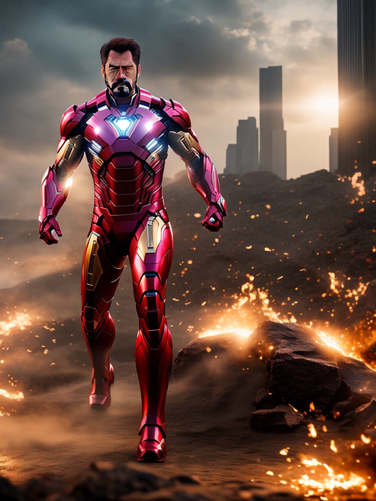  ironman tony stark in cinematic poster hyperrealistic, full body, detailed clothing, highly detailed, cinematic lighting, stunningly beautiful, intricate, sharp focus, f/1. 8, 85mm, (centered image composition), (professionally color graded), ((bright soft diffused light)), volumetric fog, trending on instagram, trending on tumblr, HDR 4K, 8K