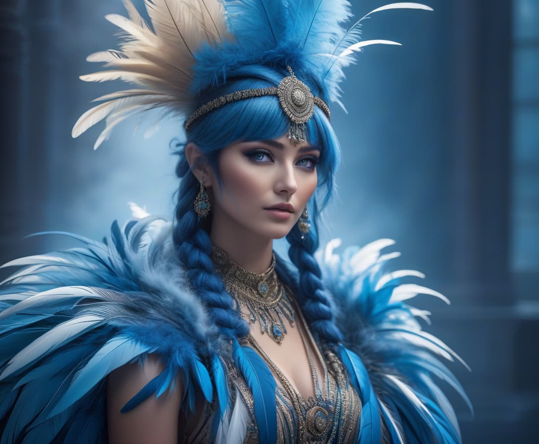  "This is a portrait of a person with feathers for hair. Their eyes are a profound, mesmerizing blue. The feathers rustle and shift with their emotions." hyperrealistic, full body, detailed clothing, highly detailed, cinematic lighting, stunningly beautiful, intricate, sharp focus, f/1. 8, 85mm, (centered image composition), (professionally color graded), ((bright soft diffused light)), volumetric fog, trending on instagram, trending on tumblr, HDR 4K, 8K