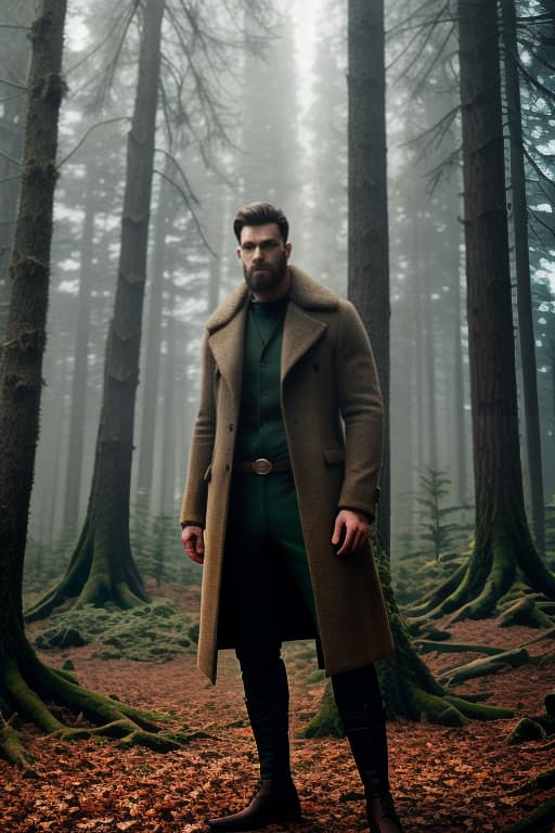  Forest Man hyperrealistic, full body, detailed clothing, highly detailed, cinematic lighting, stunningly beautiful, intricate, sharp focus, f/1. 8, 85mm, (centered image composition), (professionally color graded), ((bright soft diffused light)), volumetric fog, trending on instagram, trending on tumblr, HDR 4K, 8K