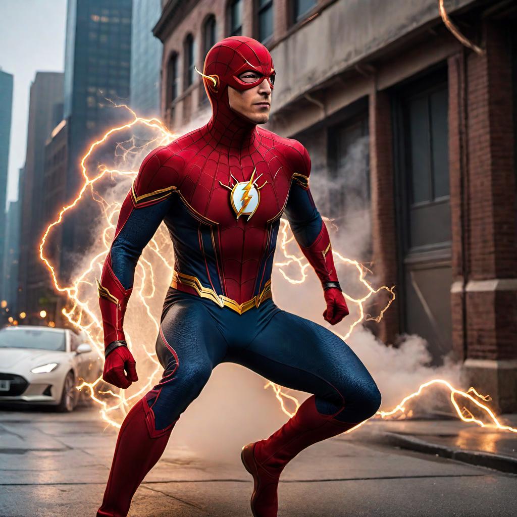  A fusion of The Flash and Spiderman, combining their iconic elements such as The Flash's sleek suit and lightning bolts with Spiderman's mask and webbing, set in an action-packed urban scene with a dynamic pose. hyperrealistic, full body, detailed clothing, highly detailed, cinematic lighting, stunningly beautiful, intricate, sharp focus, f/1. 8, 85mm, (centered image composition), (professionally color graded), ((bright soft diffused light)), volumetric fog, trending on instagram, trending on tumblr, HDR 4K, 8K