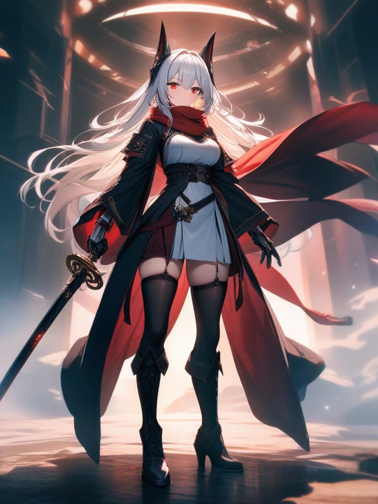  1girl,solo,long hair,red eyes,thighhighs,holding,weapon,white hair,boots,sword,scarf,holding weapon,orange eyes,headgear,holding sword,katana,sheath,red scarf,mechanical arms, masterpiece, best quality,8k,ultra detailed,high resolution,an extremely delicate and beautiful,hyper detail hyperrealistic, full body, detailed clothing, highly detailed, cinematic lighting, stunningly beautiful, intricate, sharp focus, f/1. 8, 85mm, (centered image composition), (professionally color graded), ((bright soft diffused light)), volumetric fog, trending on instagram, trending on tumblr, HDR 4K, 8K