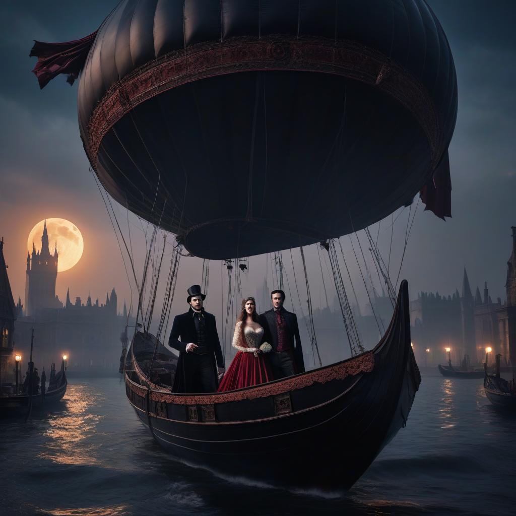  The vampire Count Dracula stands with his bride in a woven gondola of an airship. Night, a bright moon, the black balloon glows with a sinister light from within. Beneath, the perspective of ancient London reveals itself. Detail, resolution 4K. hyperrealistic, full body, detailed clothing, highly detailed, cinematic lighting, stunningly beautiful, intricate, sharp focus, f/1. 8, 85mm, (centered image composition), (professionally color graded), ((bright soft diffused light)), volumetric fog, trending on instagram, trending on tumblr, HDR 4K, 8K