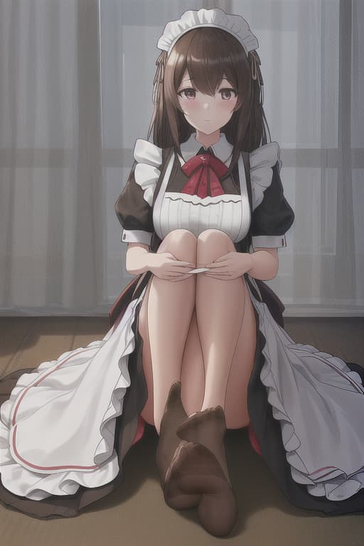  (score 9,score 8 up,score 7 up,),1girl,solo,maid,maid headdress,looking at viewer,apron,brown hair,indoors,black hair,nylon feet ,feet focus,two feet, nylons hyperrealistic, full body, detailed clothing, highly detailed, cinematic lighting, stunningly beautiful, intricate, sharp focus, f/1. 8, 85mm, (centered image composition), (professionally color graded), ((bright soft diffused light)), volumetric fog, trending on instagram, trending on tumblr, HDR 4K, 8K