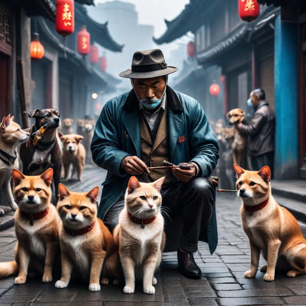  A painter cat is painting on the streets of Wuhan, surrounded by a group of little dogs. hyperrealistic, full body, detailed clothing, highly detailed, cinematic lighting, stunningly beautiful, intricate, sharp focus, f/1. 8, 85mm, (centered image composition), (professionally color graded), ((bright soft diffused light)), volumetric fog, trending on instagram, trending on tumblr, HDR 4K, 8K