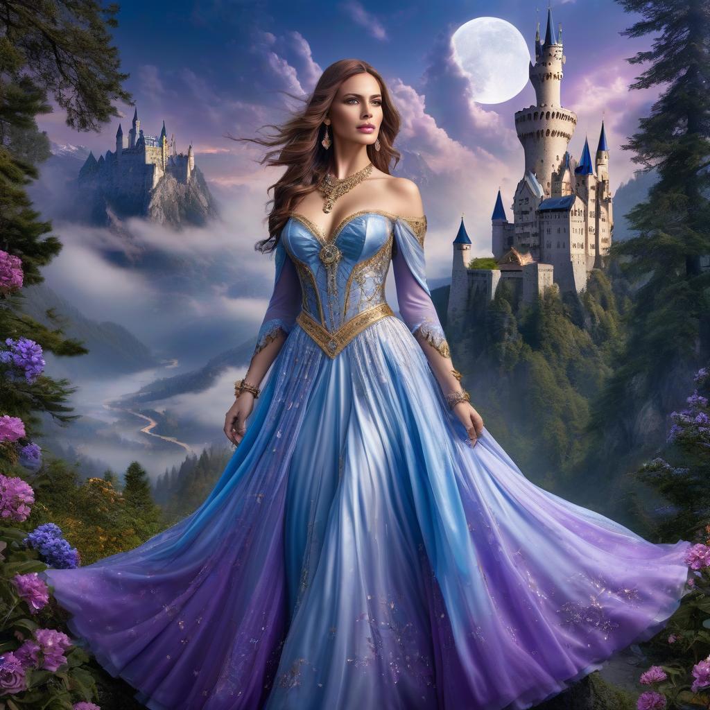  Fairy tale blue eyed eagle. Neuschwanstein. The girl in the gold dress. A very pretty girl. Garden of Eden. Rain. Flying saucer. Space, fantasy. Purple, blue, silver colors. Moon. Amethyst in the shape of a star, necklace around the neck of a girl. hyperrealistic, full body, detailed clothing, highly detailed, cinematic lighting, stunningly beautiful, intricate, sharp focus, f/1. 8, 85mm, (centered image composition), (professionally color graded), ((bright soft diffused light)), volumetric fog, trending on instagram, trending on tumblr, HDR 4K, 8K