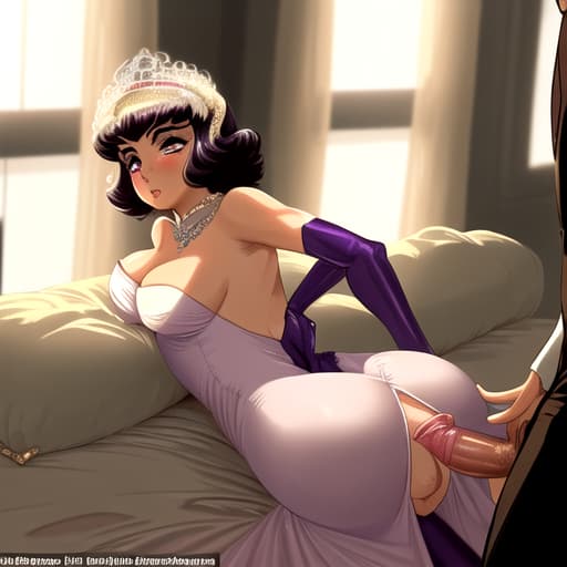  Elizabeth Taylor in bodytight violette creamy yellow coloured eveningdress laying on bed on her belly watching in awe over shoulder to man in tuxedo laying above her,rubbing with his swollen penis against her butt