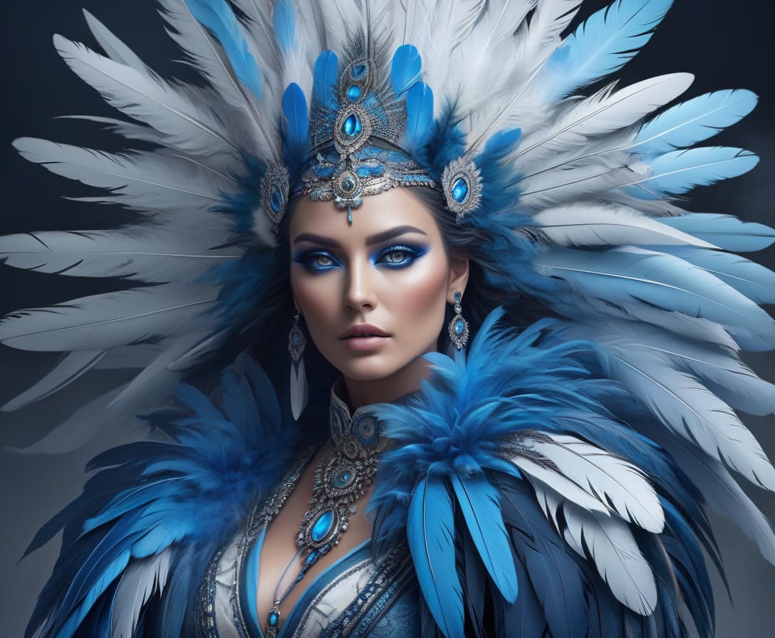  concept art "This is a portrait of a person with feathers for hair. Their eyes are a profound, mesmerizing blue. The feathers rustle and shift with their emotions." . digital artwork, illustrative, painterly, matte painting, highly detailed hyperrealistic, full body, detailed clothing, highly detailed, cinematic lighting, stunningly beautiful, intricate, sharp focus, f/1. 8, 85mm, (centered image composition), (professionally color graded), ((bright soft diffused light)), volumetric fog, trending on instagram, trending on tumblr, HDR 4K, 8K