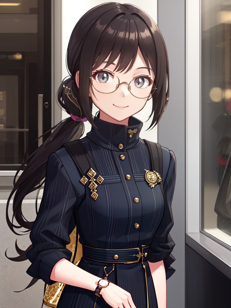  Stylish glasses girls, modern coordinates, ponytails, margin smiles, towns, handbacks, watches, masterpiece, best quality,8k,ultra detailed,high resolution,an extremely delicate and beautiful,hyper detail