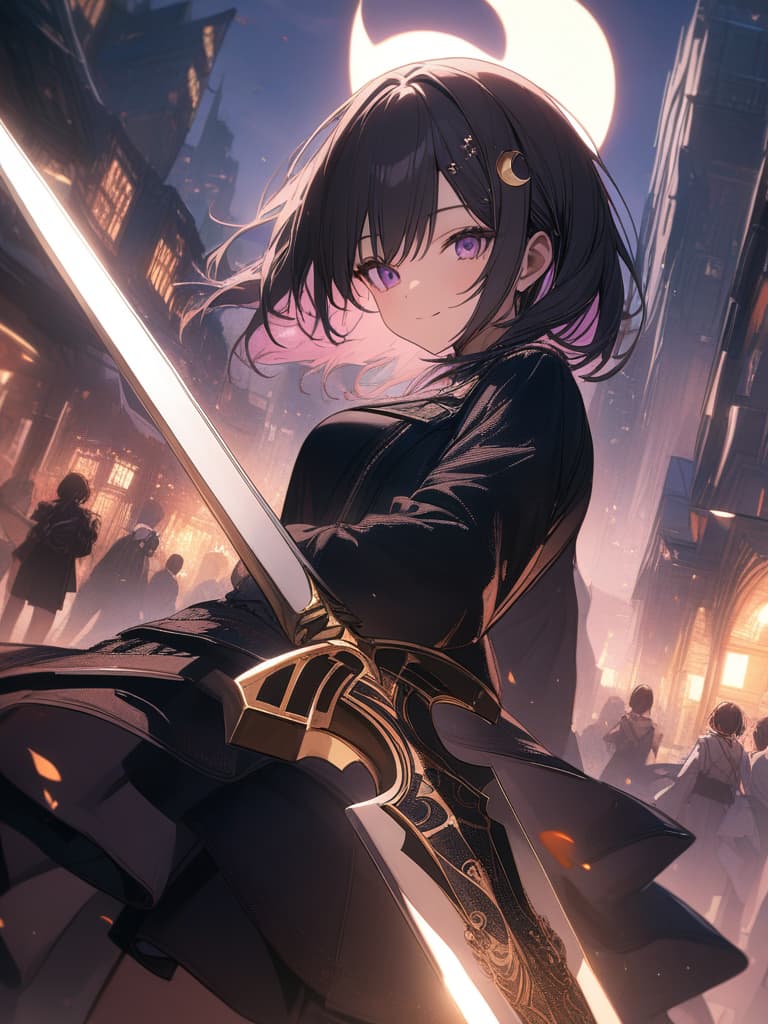  Holy sword,golden sword,burning city,smile,sword raised,golden light,Excalibur,cool girl,Black hair,(purple eyes),short,cropped hair,crescent moon hair ornament, masterpiece, best quality,8k,ultra detailed,high resolution,an extremely delicate and beautiful,hyper detail